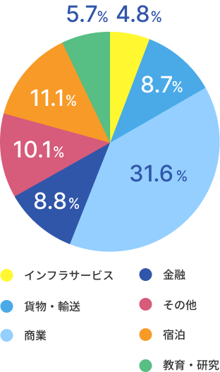 インフラサービス:4.8%
貨物・輸送:8.7%
商業:31.6%
金融:8.8%
その他:10.1%
宿泊:11.1%
教育・研究:5.7%