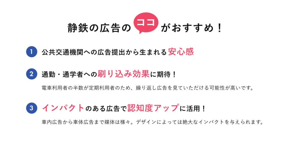 静鉄の広告の”ココ”がおすすめ! ➀公共交通機関への広告提出から生まれる安心感 ➁通勤・通学者への刷り込み効果に期待!電車利用者の半数が定期利用者のため繰り返し広告を見ていただける可能性が高いです。 ➂インパクトのある広告で認知度アップに活用!車内広告から車体広告まで媒体は様々。デザインによっては絶大な否pクトを与えられます。